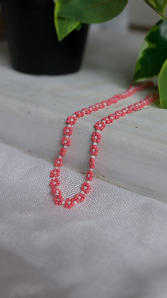 Pink Daisy Beaded Necklace