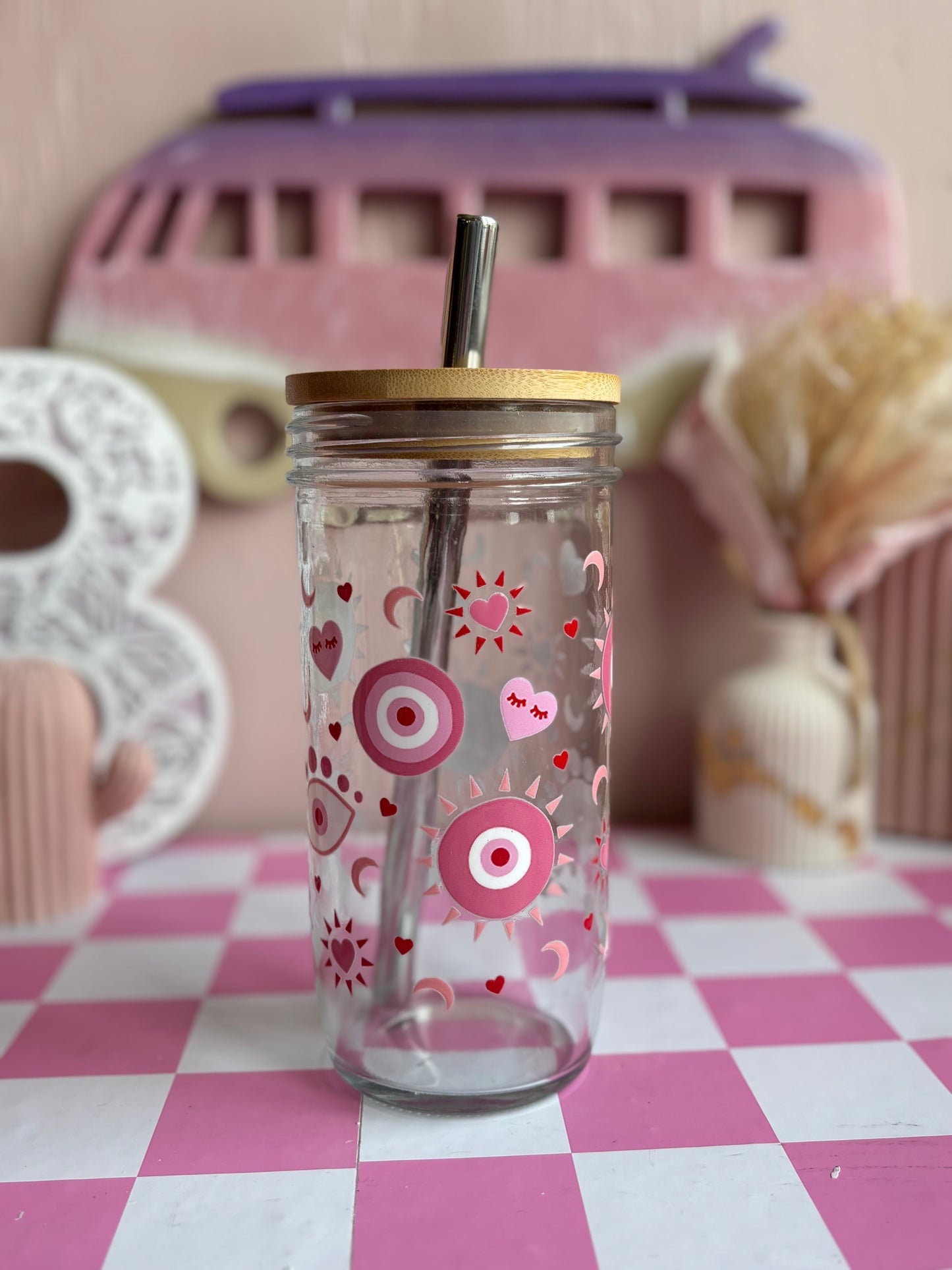 Pink Evil Eye Glass Cups- Smoothie Cup. Bubble Tea. Aesthetic Cup. 24 OZ.