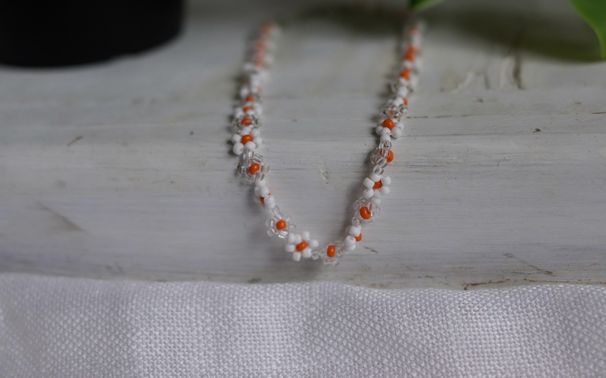 Clear & Orange Daisy Beaded Necklace