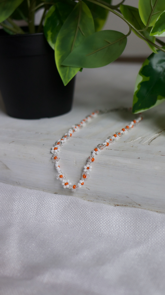 Clear & Orange Daisy Beaded Necklace