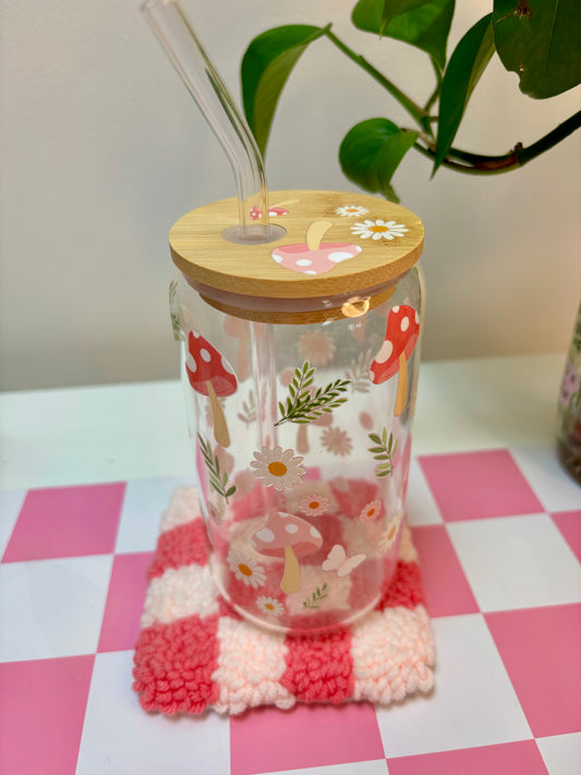 Whimsical Mushroom Glass Tumbler with Straw