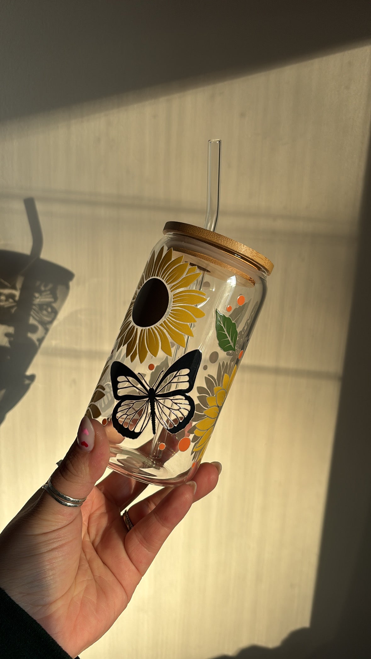 Sunflower & Butterfly Glass Cup