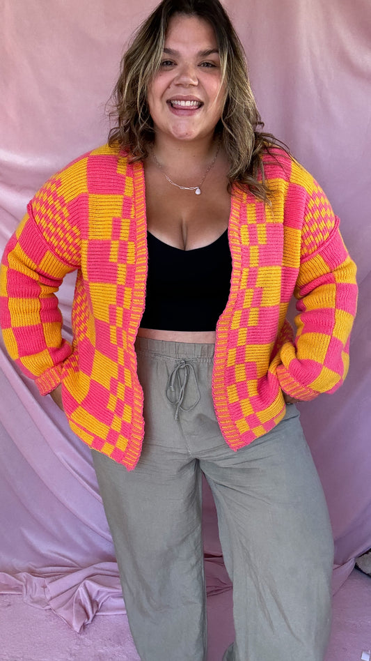 Checkered Pink & Orange Cardigan XS-3XL